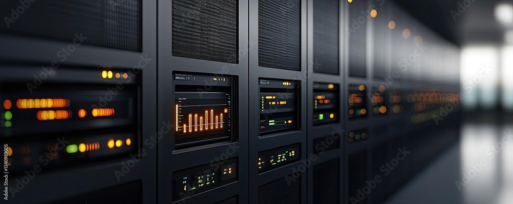Poster cloud technology for private, public, and hybrid computing concept. a close-up view of server racks 
