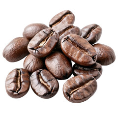 A close-up of roasted coffee beans, showcasing their rich brown color and distinct texture, Transparent Background.