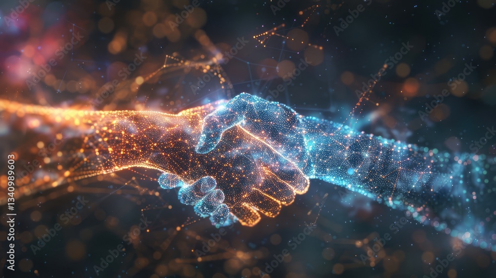Poster two hands shake in a digital representation, symbolizing collaboration and unity. this visually appe