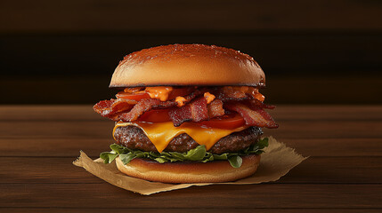 Delicious Cheeseburger with Bacon and Fresh Vegetables