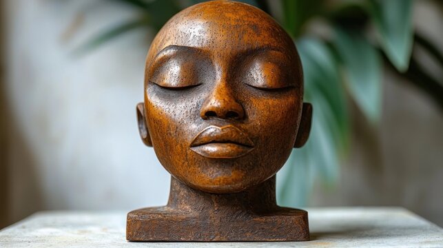 Wooden head sculpture, peaceful face - Powered by Adobe
