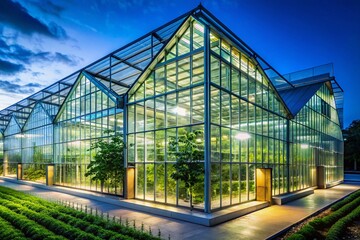 Obraz premium Artificially Lit Greenhouse Interior: Lush Green Plants & Modern Architecture