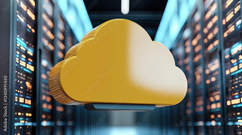 Poster cloud technology in computing and data transfer concept. a vibrant yellow cloud symbol against a bac
