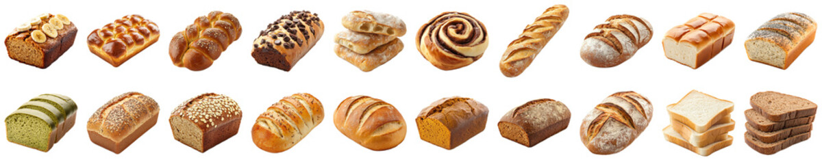 Assortment of Freshly Baked Bread Loaves in Various Shapes, Sizes, and Textures for Culinary and Bakery Themes. Piquant food set.