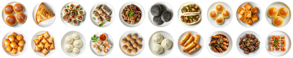 A Collection of Various Delicious Dim Sum Dishes Served on Plates, Including Dumplings, Buns, and Rolls in a Bright Presentation. Piquant food set.