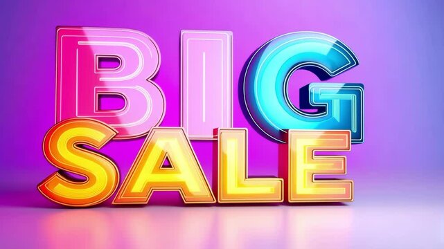  The word "BIG SALE" in bold, colorful letters stands out against a gradient background of white and purple. The bright colors and animated effect with glowing edges and shadows create a visually appe