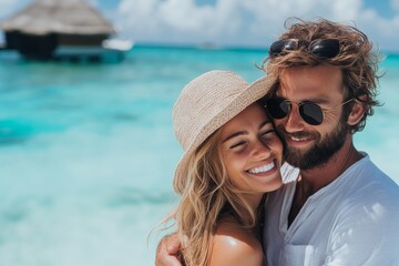 Fototapeta premium Portrait of a young caucasian couple smiling together in a paradise beach in Maldivas.