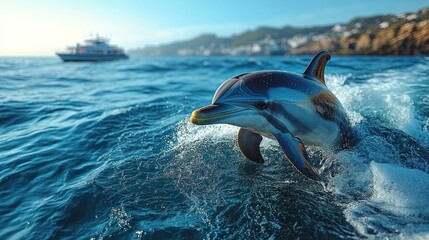 Striped dolphin leaping from ocean waves, boat in background.