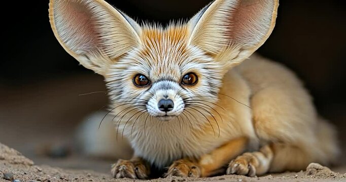 Close-up of a Fennec fox with large ears, intense amber eyes, and sandy-colored fur, sitting on the ground in a dark burrow