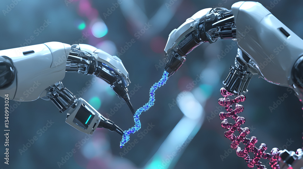 Poster 3d rendering- robot arms repairing dna string