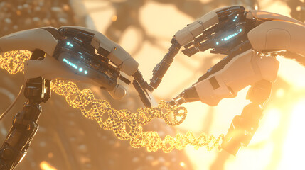 3d rendering- robot arms repairing dna string