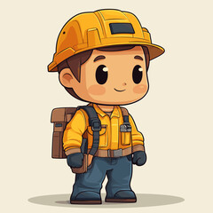 Fototapeta premium A cute cartoon illustration of a young construction worker wearing a yellow hard hat, orange safety vest, and work gloves, ready for action with a backpack