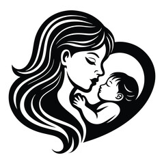 Mother and Baby Care Silhouette Vector Art Illustration, Mother hugging child, mom and baby icon logo illustration, Happy mother's day