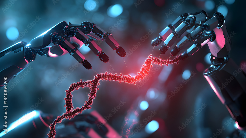 Poster 3d rendering- robot arms repairing dna string