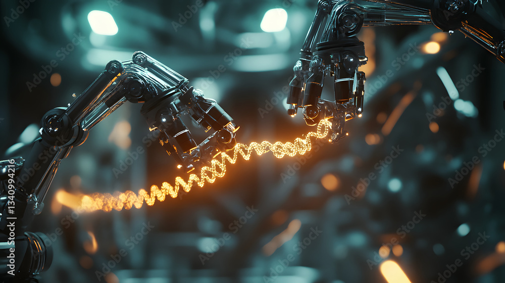Poster 3d rendering- robot arms repairing dna string