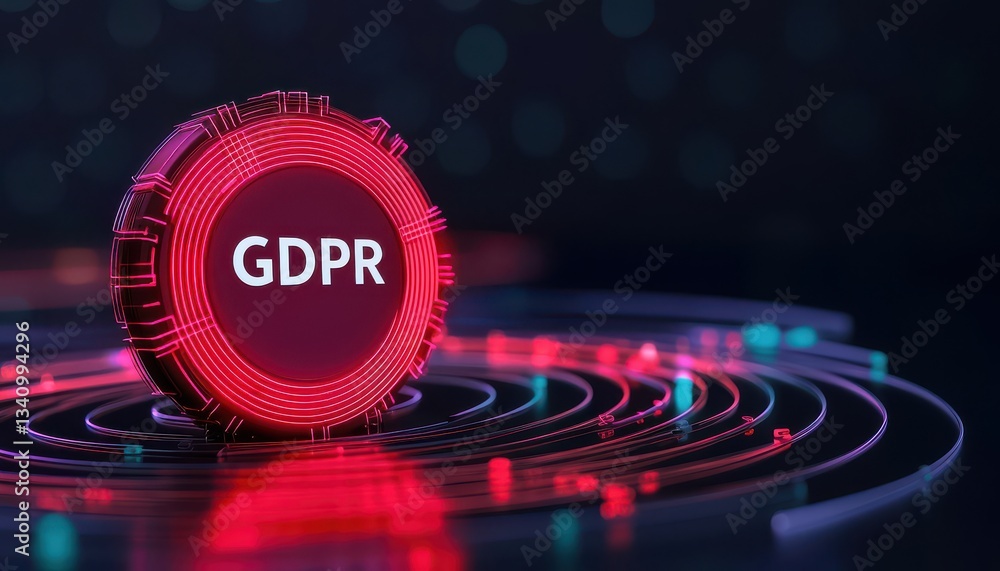 Poster a digital representation of gdpr, featuring vibrant red circular elements, symbolizing data protecti