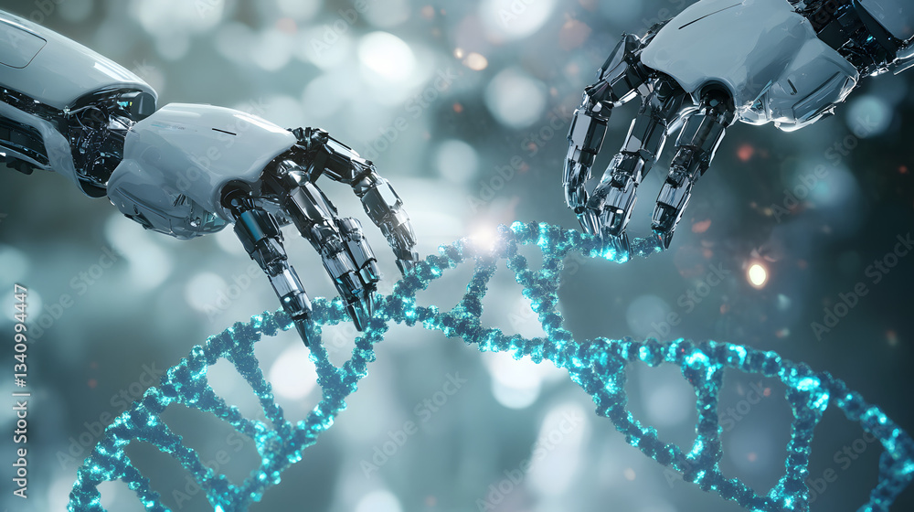 Poster 3d rendering- robot arms repairing dna string