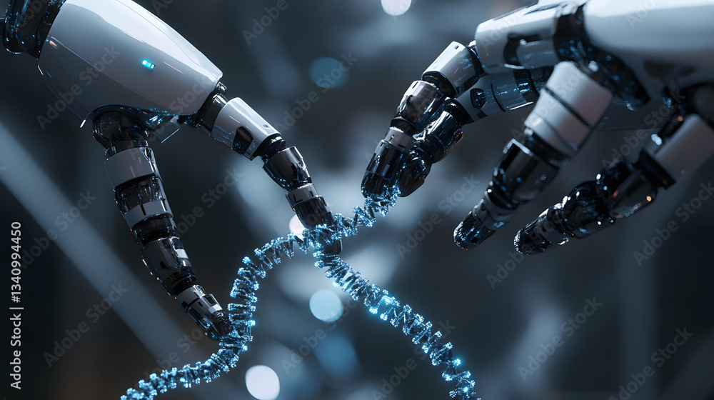 Poster 3d rendering- robot arms repairing dna string