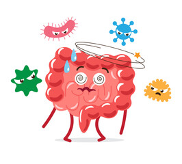 Gastroenteritis . Intestine cartoon character with bacterial cell . White isolated background . Vector .
