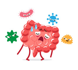 Gastroenteritis . Intestine cartoon character with bacterial cell . White isolated background . Vector .