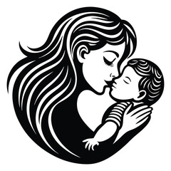Mother and Baby Care Silhouette Vector Art Illustration, Mother hugging child, mom and baby icon logo illustration, Happy mother's day
