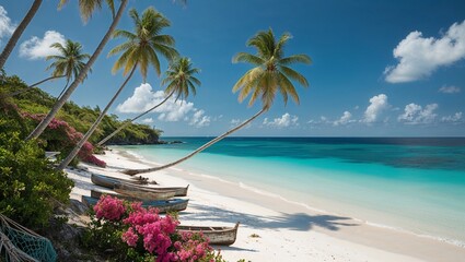 Naklejka premium Serene beach with palm trees and boats against a vibrant blue ocean.