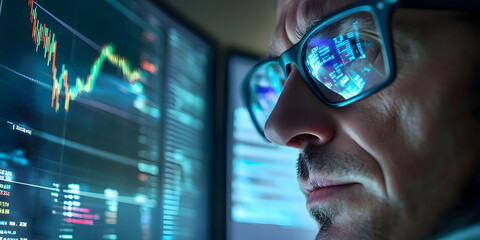 Focused Trader Analyzing Stock Market Data on Multiple Screens