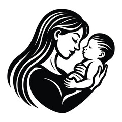 Mother and Baby Care Silhouette Vector Art Illustration, Mother hugging child, mom and baby icon logo illustration, Happy mother's day