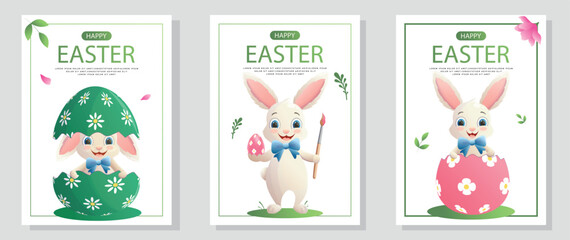 Happy Easter flyer set with decorated with Easter bunnies and eggs. Vector illustration for, banner, promo, sale.