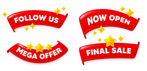 Follow us flag ribbon. Mega discount, Final sale, Now open. Follow us tag. Special offer sign. Super offer symbol. Red flag ribbon banners. Promo offer tags. Vector