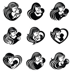 Mother and Baby Care Silhouette Vector Art Illustration, Mother hugging child, mom and baby icon logo illustration, Happy mother's day