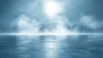 Misty winter night scene with a frozen lake reflecting moonlight and a distant forest shrouded in fog.