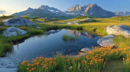 Fototapeta premium Mountain lake reflecting peaks, wildflowers in foreground.