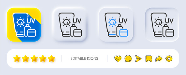 Sunscreen line icon. Neumorphic, Flat shadow, 3d buttons. Uv Sun cream sign. Sunblock lotion symbol. Line sunscreen icon. Social media icons. Vector