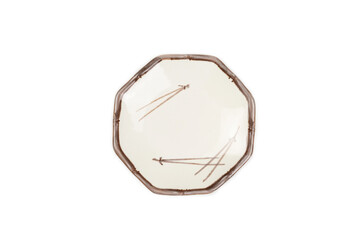 Top view, Brown Japanese-style octagonal serving plate isolated on white background. mockup and...