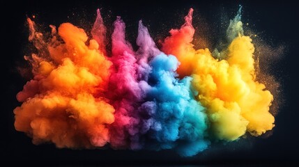 Vibrant rainbow colored powder explosion on black background.