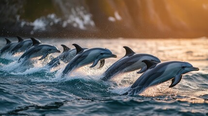 Fototapeta premium Oceanic dolphins leaping in sunset waves