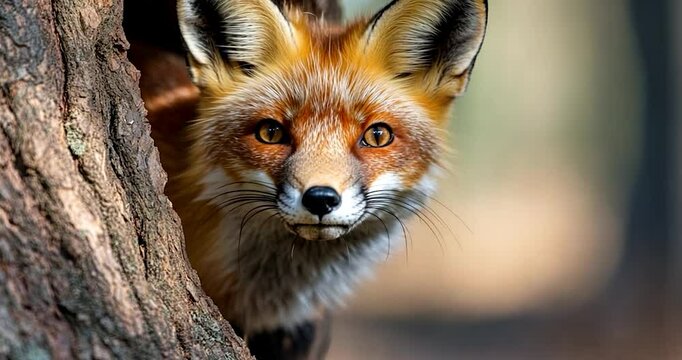Close-up of a red fox peering from a tree hollow, sunlight illuminating its fur