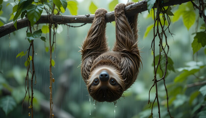 Fototapeta premium Cute sloth hanging upside down on a tree branch in a tropical rainforest during a rainy day