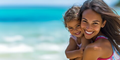 Fototapeta premium Portrait of a young brunette smiling woman with little daughter in a sunny day on the beach.