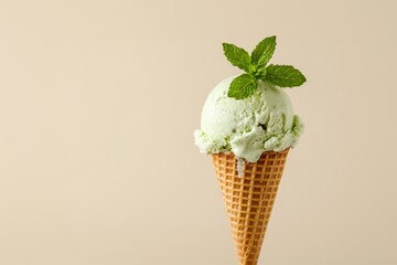 Mint ice cream cone with mint petals on a light background. Minimalistic design with free space for text or branding. Image for advertising, summer themes, dessert promotions and food related content