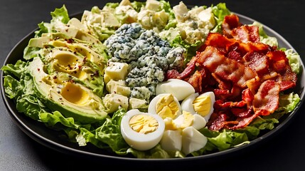 American cobb salad crisp lettuce avocado bacon hard boiled eggs and blue cheese presented on a black background for fresh contrast