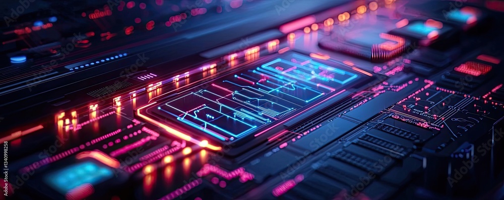 Poster cybersecurity and technology in network security concept. futuristic circuit board design with neon 
