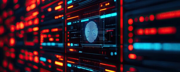 Cybersecurity and technology in network security concept. Futuristic digital interface with vibrant neon colors and patterns.