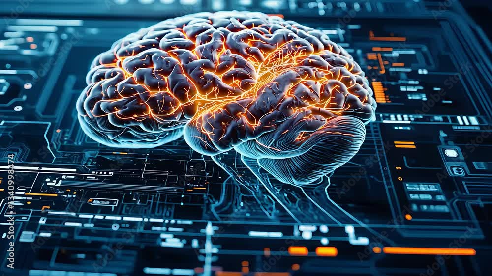 Poster futuristic digital brain glowing with neural connections, technology, and circuit patterns