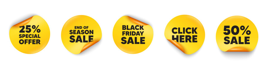 Discount sticker tag. 50 percent discount, Black friday paper price banners. 25 percent discount offer tag. Sale price promo sign. Special offer symbol. Click here sticker. Vector