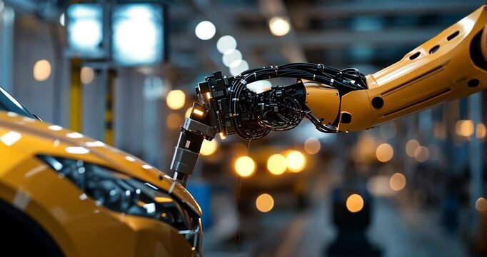 Close-up view of a robotic arm interacting with a yellow car during an automated manufacturing process. The industrial setting is dimly lit, with blurred background lights