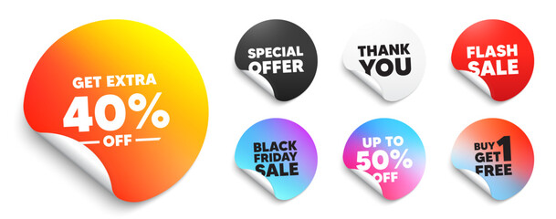 Extra discount sticker tag. Special offer paper price tags. Get Extra 40 percent off Sale. Discount offer price sign. Special offer symbol. Save 40 percentages. Discount, black friday sticker. Vector