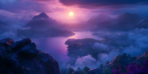 Sunset over misty mountain lake town