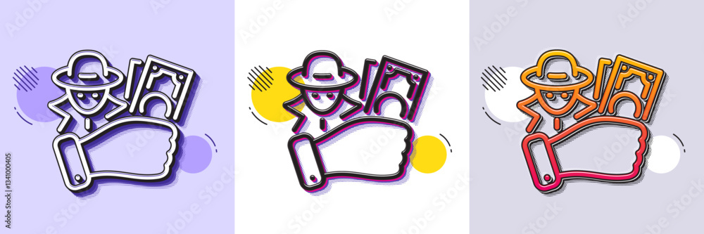 Poster fraud line icon. halftone dotted pattern. gradient icon with grain shadow. spy of thief sign. cyber 